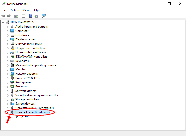 Image of Device Manager, with the Universal Serial Bus devices category circled.