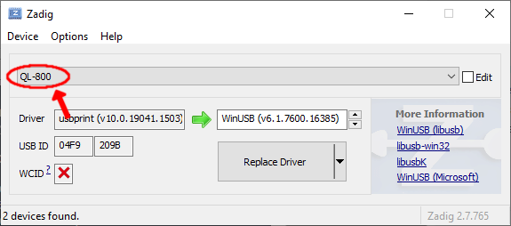 Image of the device menu, with QL-800 selected.