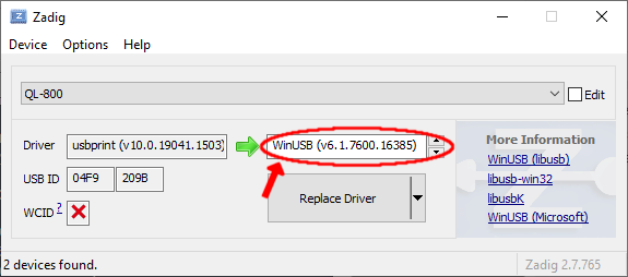 Image of the driver list, with WinUSB selected.